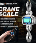 Heavy Duty Hanging Crane Scale 11000 Lbs 5T With Remote Control And LCD Display Measures Temperature And Humidity Built Tough Industrial Grade For Construction Factory Farm Silver, showing LCD screen and remote control.