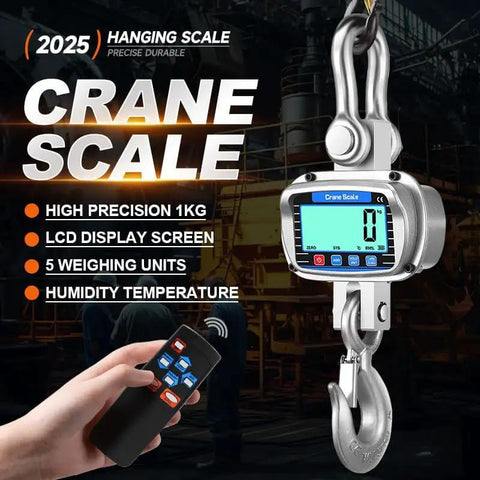 Heavy Duty Hanging Crane Scale 11000 Lbs 5T With Remote Control And LCD Display Measures Temperature And Humidity Built Tough Industrial Grade For Construction Factory Farm Silver, showing LCD screen and remote control.