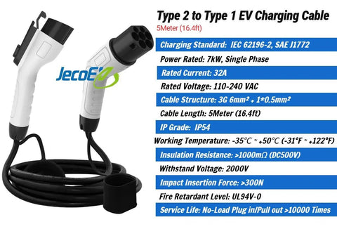 Top Shelf Heavy Duty Level Two EV Charging Cable Type Two Male To Type One Female Mode Three Electric Vehicle Adapter 32 Amp 7 Kw Power Delivery Sixteen Feet with detailed specifications.