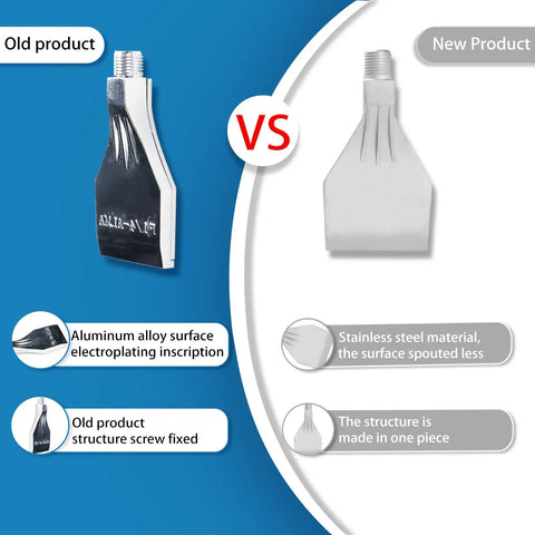 Comparison of old aluminum alloy nozzle and new stainless steel flat nozzle with 1/4-BSPT male thread air knife style.
