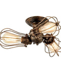 Vintage Industrial Ceiling Light With Metal Wire Cage Shade, Adjustable Socket Three Light Semi Flush Mount in bronze finish, side view