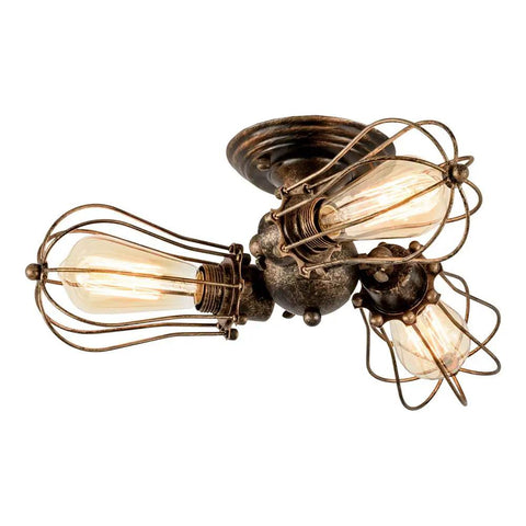 Vintage Industrial Ceiling Light With Metal Wire Cage Shade, Adjustable Socket Three Light Semi Flush Mount in bronze finish, side view