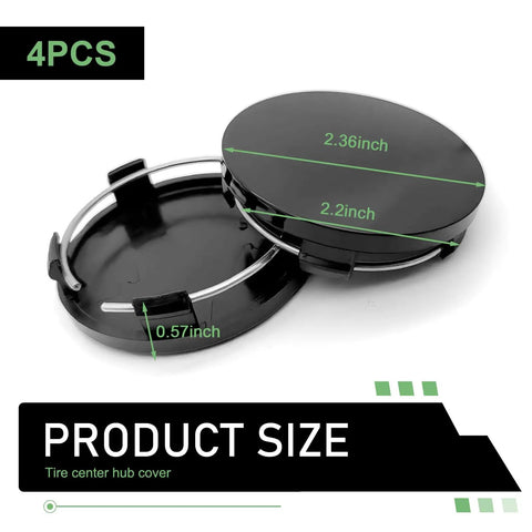 4 Pack Universal Wheel Center Caps 60mm Outer Diameter 56mm Inner Diameter ABS Plastic With Stainless Steel Ring Snap In No Fuss Rustproof Dustproof Hub Covers For Rims Black, shown in size detail