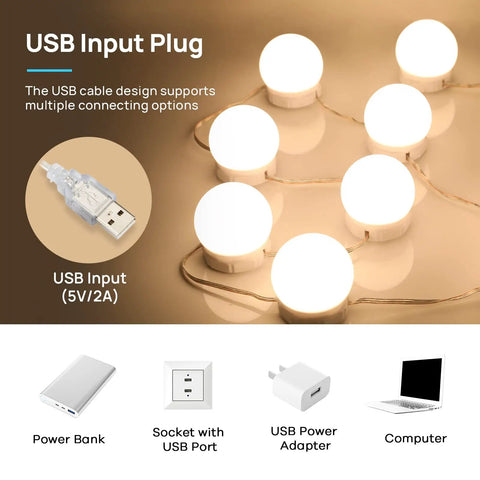 Hollywood Style Vanity Mirror Lights With 14 Dimmable Bulbs, USB powered, shown with connection options including power bank and computer.