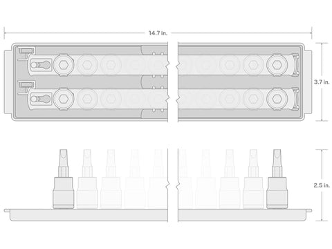 Detailed layout of 3/8 Inch Drive Hex Bit Socket Set, 10-Piece, 3–10 Millimeter, S2 Steel Rail, measurements included.