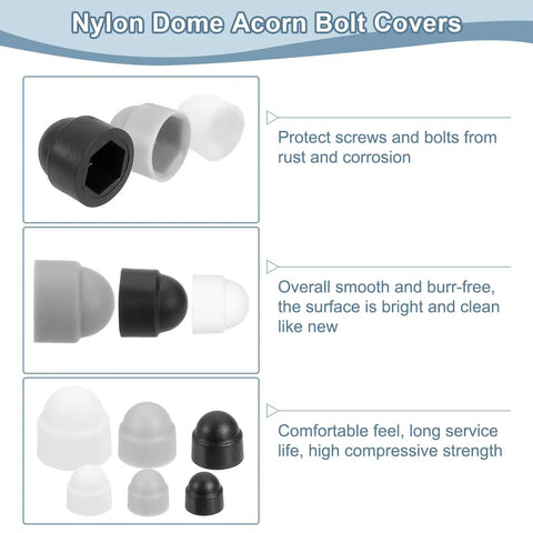 20 Pack Black Plastic M8 Hex Nut Caps, Dome Acorn Bolt Covers, different sizes and colors shown for heavy duty use.