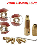 Grab These Awesome 6 Sets Of Brass Mini Drill Collets With Secure 4 Jaw Clamping For Electric Motors. 2mm, 2.35mm, and 3.17mm sizes shown.