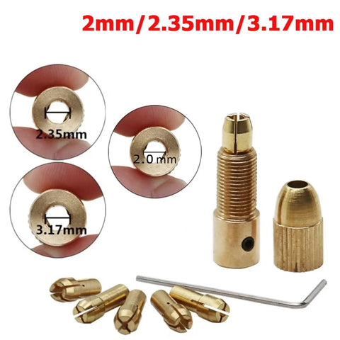 Grab These Awesome 6 Sets Of Brass Mini Drill Collets With Secure 4 Jaw Clamping For Electric Motors. 2mm, 2.35mm, and 3.17mm sizes shown.