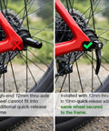12mm To 9mm Thru Axle Quick Release Hub Skewer Adapter For Mountain And Road Bikes on red bike frame; before and after installation