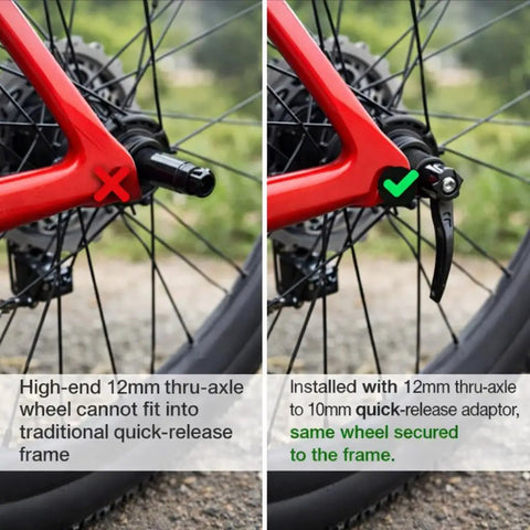 12mm To 9mm Thru Axle Quick Release Hub Skewer Adapter For Mountain And Road Bikes on red bike frame; before and after installation