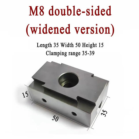 One Piece M8 Double Sided Clamping Block For CNC Machining Quick Swap Jaw Fixture Wide Base Setup Delivers Knockout Stability With 35 To 39 Mm Range And Heavy Duty Shop Grade Performance Built Tough, dimensions 35x50x15 mm.