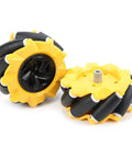 Mecanum wheel pair with yellow outer rims and black rubber rollers for DIY robot car, 80mm