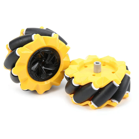 Two yellow 80mm mecanum wheels with black rubber rollers and gray hubs