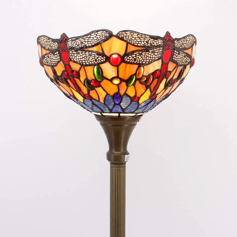 Tiffany Style Floor Lamp With Bold Orange Blue Dragonfly Stained Glass Shade, 12 Inch Wide, 71 Inch Tall Torchiere Uplight
