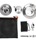 Solo Camping Stainless Steel Outdoor Tableware Set with rustproof mess kit, storage bag, plate, bowl, cup, fork, and spoon visible.
