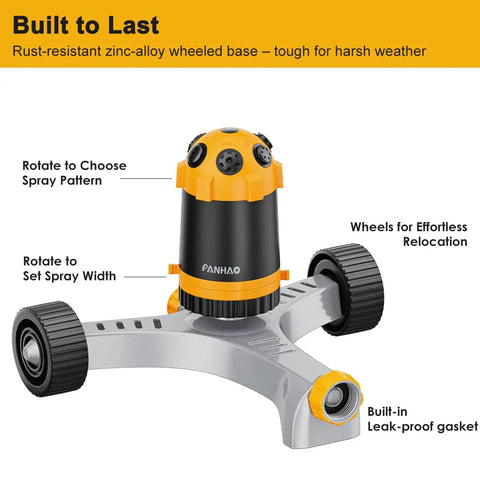 Gear Drive Lawn Sprinkler With Metal Wheel Base Built To Last Heavy Duty Six Pattern Water Sprinkler System For Big Area Watering Adjustable