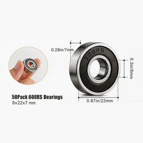 Bulk 50 Pack 608-2RS Skateboard Bearings 8x22x7mm Pre Lubed Sealed Chrome Steel with dimensions and close-up view