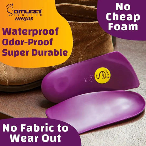 Ninjas Plantar Fasciitis Relief Insoles With Arch Support Podiatrist Designed Orthotics Made In The USA shown next to shoes