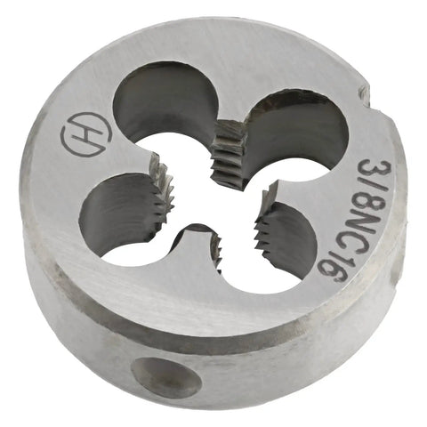 3/8-16 UNC Tap And Die Set Right Hand For Thread Repair And Metalworking, Pro Grade High Speed Steel Tap Tool With Alloy Die, Includes 3/8 Inch Tap And Die For Steel Iron Aluminum Copper And Other Metals. Round 3/8-16 UNC alloy die close-up