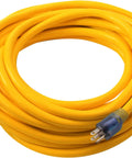 Twenty Five Foot 12 Gauge Three Conductor SJTW Lighted Extension Cord For Outdoor Use Heavy Duty Waterproof Weatherproof Industrial Strength Power Cord With Light Up Prong Plug coiled with lighted plug