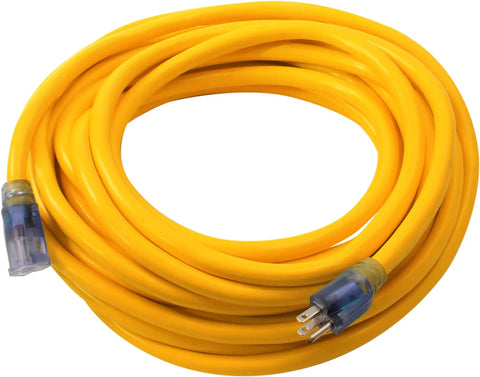 Twenty Five Foot 12 Gauge Three Conductor SJTW Lighted Extension Cord For Outdoor Use Heavy Duty Waterproof Weatherproof Industrial Strength Power Cord With Light Up Prong Plug coiled with lighted plug