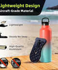 Beefed Up Aircraft Grade Aluminum Door Step For Tesla Cybertruck Roof Rack Cargo Gear Haul Rock Solid Tailgate Entry Platform With Paint Safe Rubber Grip Pads shown with a drink bottle on a beach background.