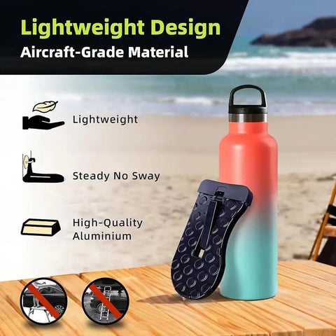 Beefed Up Aircraft Grade Aluminum Door Step For Tesla Cybertruck Roof Rack Cargo Gear Haul Rock Solid Tailgate Entry Platform With Paint Safe Rubber Grip Pads shown with a drink bottle on a beach background.