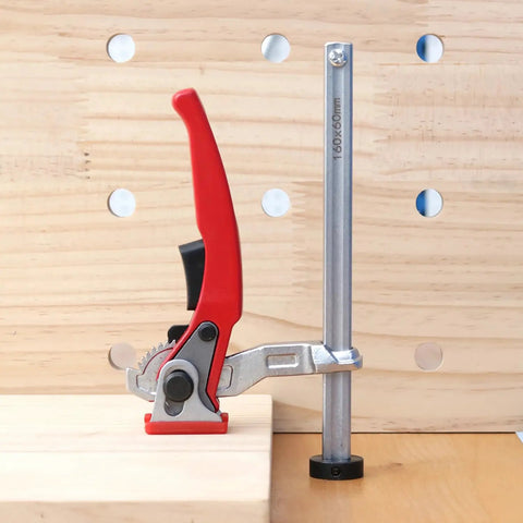 Built To Last Clamping Element 20mm Diameter For Multifunctional Tables, 160mm Clamping Range, 60mm Throat Depth, Chrome Plated Steel, Anti Pinch Soft Pads, Multi Angle Locking, Ratchet Arm For Fast Secure Hold, red lever clamp on workbench