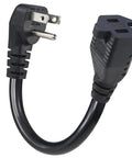 Short Power Extension Cord With Low Profile Wall Head 6 Inch 14AWG SJTW Heavy Duty Cable For Indoor Outdoor Use 15A 125V 1875W 90 Degree Flat Plug NEMA 5-15P To NEMA 5-15R Black product front view.