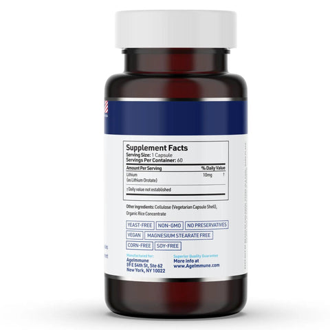 Supplement facts of Memory And Mood Boosting Lithium Orotate Supplement 10mg Per Capsule, 60 Vegetarian Capsules bottle