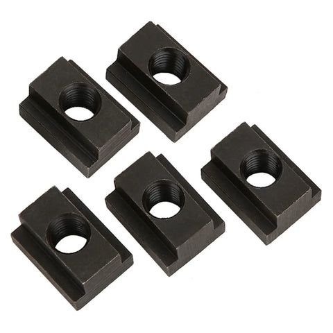 Beefy High Strength T Slot Nut With Black Oxide Finish Threaded For A Tight Rock Solid Fit In Machine Tool Table Slots Undersized For Precise T Slot Alignment In 45 Steel Construction, black steel nuts set on white
