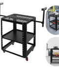 Hella Sturdy Height Adjustable Miter Saw Stand With Heavy Duty Wheels And 550 Pound Load Rating Includes Twin Extension Rollers For Planers And Benchtop Tools Built Different To Tackle Big Shop Projects Smoothly, black metal frame with wheels and extended arms.