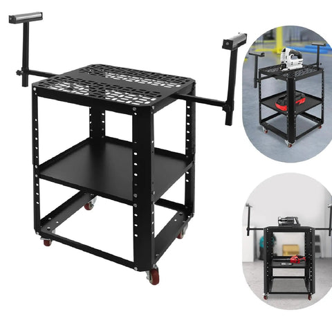 Hella Sturdy Height Adjustable Miter Saw Stand With Heavy Duty Wheels And 550 Pound Load Rating Includes Twin Extension Rollers For Planers And Benchtop Tools Built Different To Tackle Big Shop Projects Smoothly, black metal frame with wheels and extended arms.