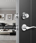 Installed 2 Pack Stainless Steel Strike Plate Backplate for 2-1/4 inch doors in modern living room, enhancing door security.