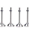Heavy Duty Adjustable Leveling Feet For Industrial Machinery And Assembly Racks Thick Carbon Steel Frame With Threaded Spindles Quick Setup Base For Uneven Shop Floors Built Like A Tank, featuring four steel leveling feet with threaded spindles.