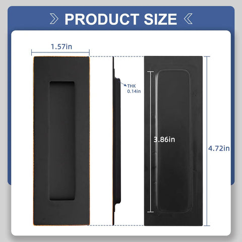 Slick Recessed Pocket Door Hardware Set With Flushing Edge Pull And Two Legit Heavy Duty Slide Handles For Smooth Closet Barn Door Operation In Top Shelf Oil Rubbed Bronze Finish size guide showing dimensions 1.57in, 3.86in, and 4.72in.