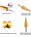 HSS step drill bit set, 3 pcs with 1/4 in hex shank, titanium-coated high-speed steel, 1/8–3/4 in holes