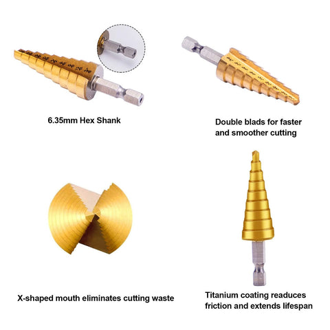 HSS step drill bit set, 3 pcs with 1/4 in hex shank, titanium-coated high-speed steel, 1/8–3/4 in holes