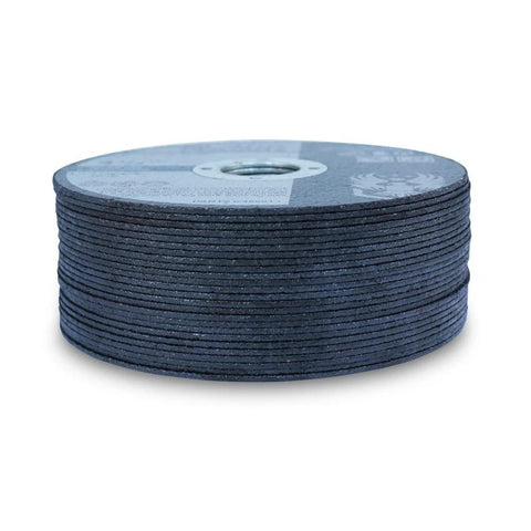 Side view of blue metal cut-off wheels for angle grinders, 4.5 in diameter, 1/16 in thick, 7/8 in arbor, 25-pack