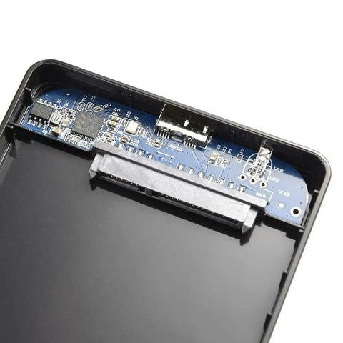 Internal view of No Fuss 2.5 Inch SATA External Hard Drive Enclosure with USB 3.0 port and circuit board design.