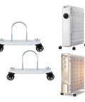2-Pack Mobile Pulley Holders For Oil Filled Radiator, Iron Construction With 360 Degree Swivel Wheels, Easy Tool-Free Installation Via Butterfly Nut, Sturdy Caster Frame Base For Electric Heaters, White Wheel Design shown next to radiators