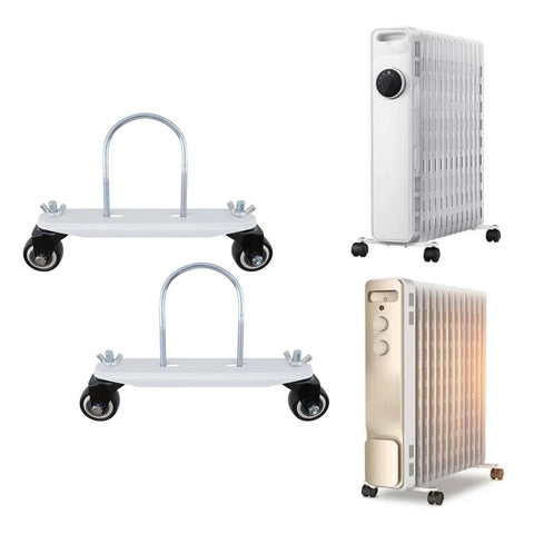 2-Pack Mobile Pulley Holders For Oil Filled Radiator, Iron Construction With 360 Degree Swivel Wheels, Easy Tool-Free Installation Via Butterfly Nut, Sturdy Caster Frame Base For Electric Heaters, White Wheel Design shown next to radiators