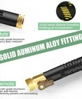 Side view of non-expanding garden hose with solid aluminum alloy fittings, yellow braided jacket and brass connectors