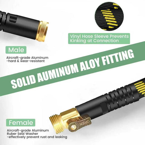 Side view of non-expanding garden hose with solid aluminum alloy fittings, yellow braided jacket and brass connectors