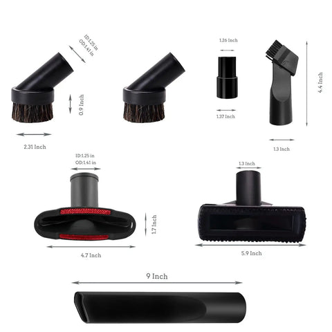 Must Have One And A Quarter Inch Vacuum Attachments And Brushes Kit For Vacuum Accessories, nozzles and brushes shown with dimensions.