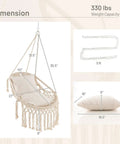 Product dimensions showing Macrame Swing Chair For Indoor Outdoor Living, Heavy Duty Hanging Porch Swing With Soft Cushions.