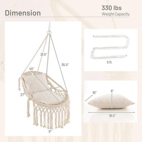 Product dimensions showing Macrame Swing Chair For Indoor Outdoor Living, Heavy Duty Hanging Porch Swing With Soft Cushions.