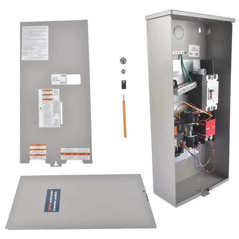 200 Amp Single Phase Automatic Transfer Switch For Home Standby Generators 120 240 Volt NEMA 3R Aluminum Enclosure Indoor Outdoor Use Auto Load Transfer Ready To Roll With RXSW200A3 8 To 24 kW, front and open views