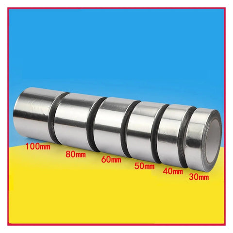 Heavy Duty Aluminum Foil Sealing Tape For Kitchen Exhaust Pipes Perfect Fit Heat Insulation Sun Resistant Tape 10 meters roll shown in various sizes.