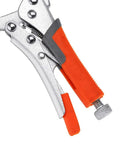 Locking Face Clamp 11 Inch Portable Table Vise Grip For Home Shop And Welding Beefy Heavy Duty Carbon Steel With Swivel Pads Tight Secure Hold For Woodworking And Metal Fabrication Projects close-up of orange-handled steel clamp